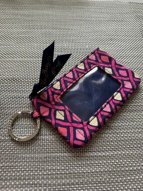 Vera Bradley Pink Navy Geometric ID Keychain Wallet